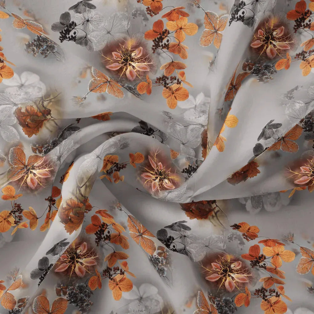 Decorative  Periwinkle Floral Flower With Gray Digital Printed Fabric - Japan Satin – js 0 ta09548pe 110 decorative periwinkle floral flower with gray digital printed fabric japan satin 1