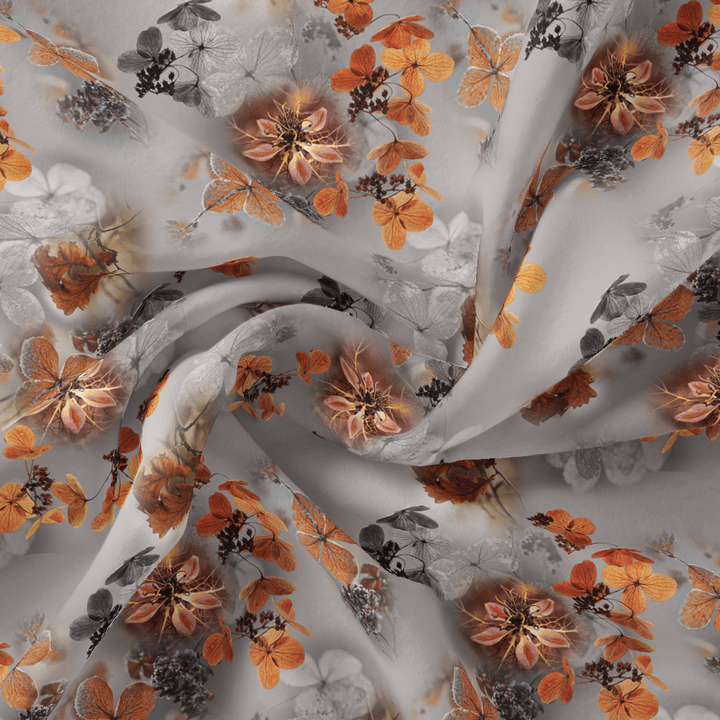 Decorative Periwinkle Floral Flower With Gray Digital Printed Fabric - Japan Satin - FAB VOGUE Studio®