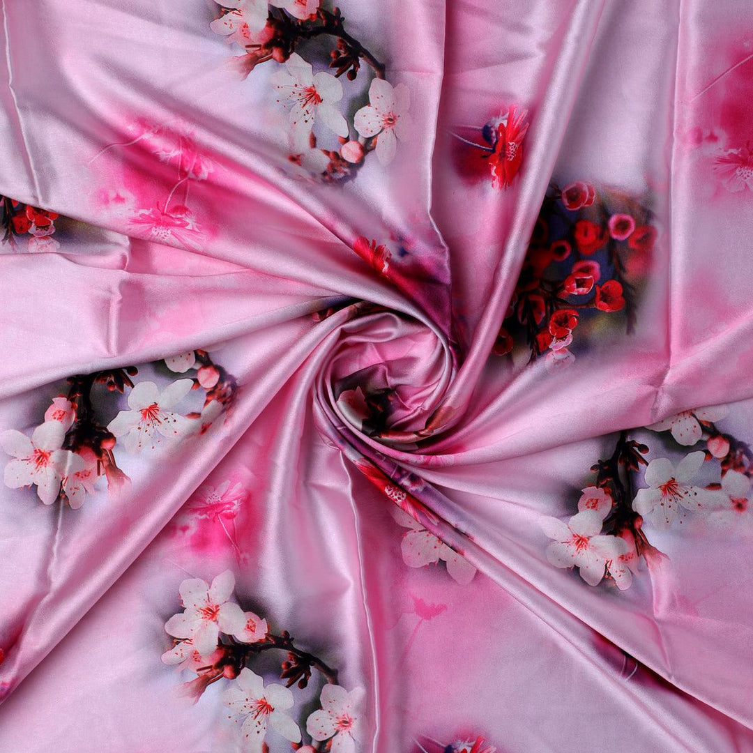 Attractive Jasmin Pink Flower With Orange Rose Digital Printed Fabric - Japan Satin - FAB VOGUE Studio®