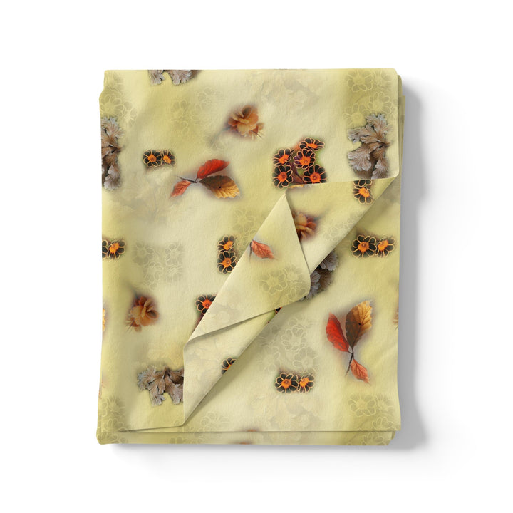 Golden Leaves With Black Sunflower Digital Printed Fabric - Japan Satin - FAB VOGUE Studio®