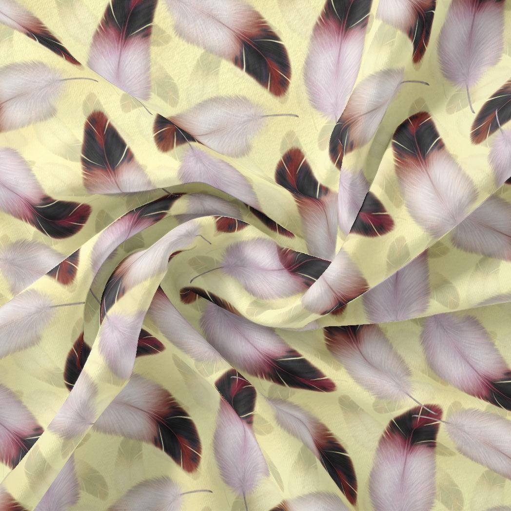 Brown Feather With pastel Yellow Background Digital Printed Fabric - FAB VOGUE Studio®