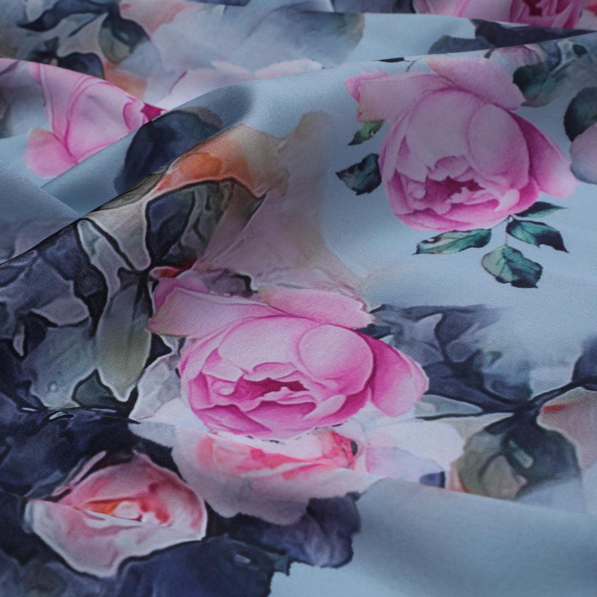 Pink And Peach Rose Allover Digital Printed Fabric - Japan Satin - FAB VOGUE Studio®