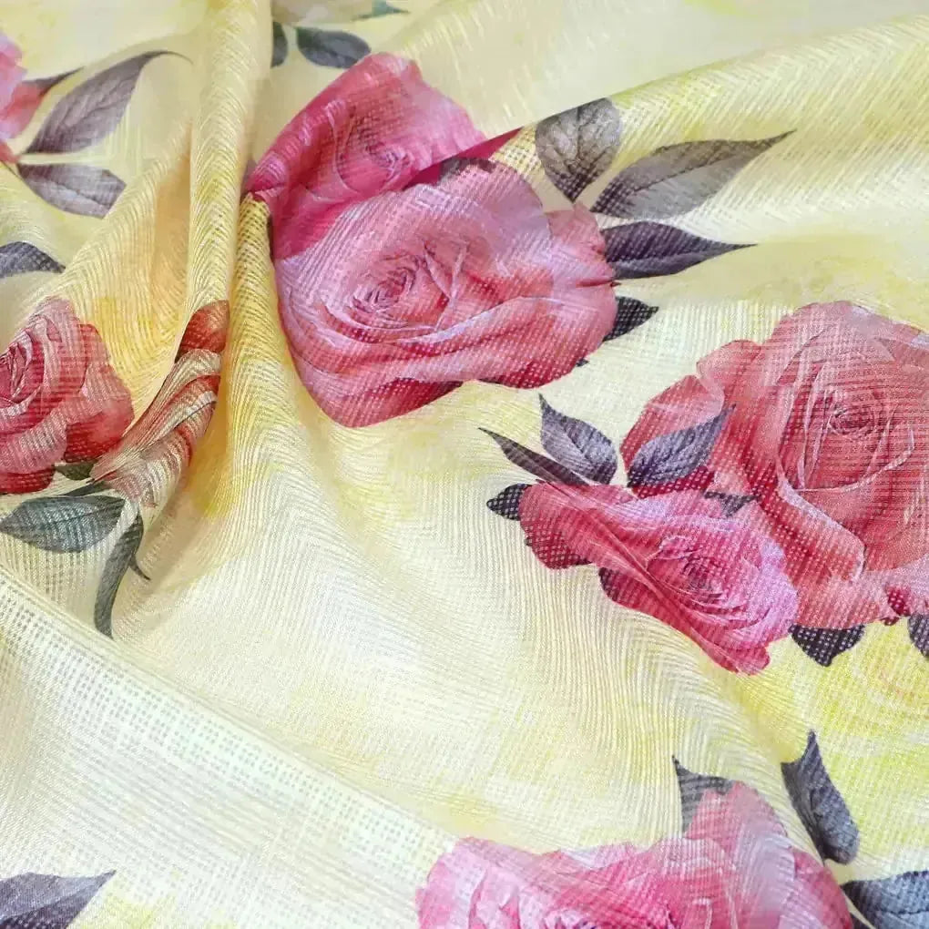 Flowers Laying Over Yellow Base Digital Printed Kota Doria Fabric – kd 0 0ta055310 111 flowers laying over yellow base digital printed kota doria fabric 3