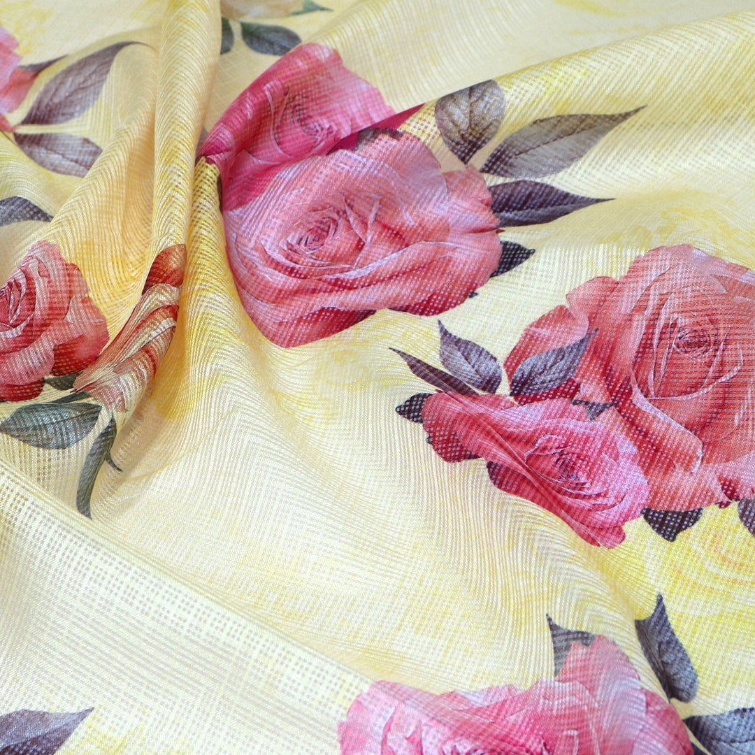 Flowers Laying Over Yellow Base Digital Printed Kota Doria Fabric - FAB VOGUE Studio®