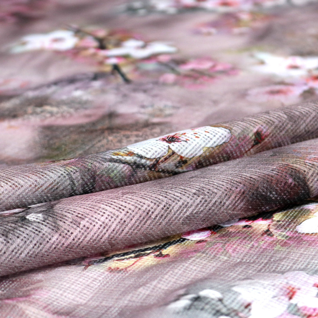 Beautiful Brown Floral Digital Printed Kota Doria Fabric - FAB VOGUE Studio®