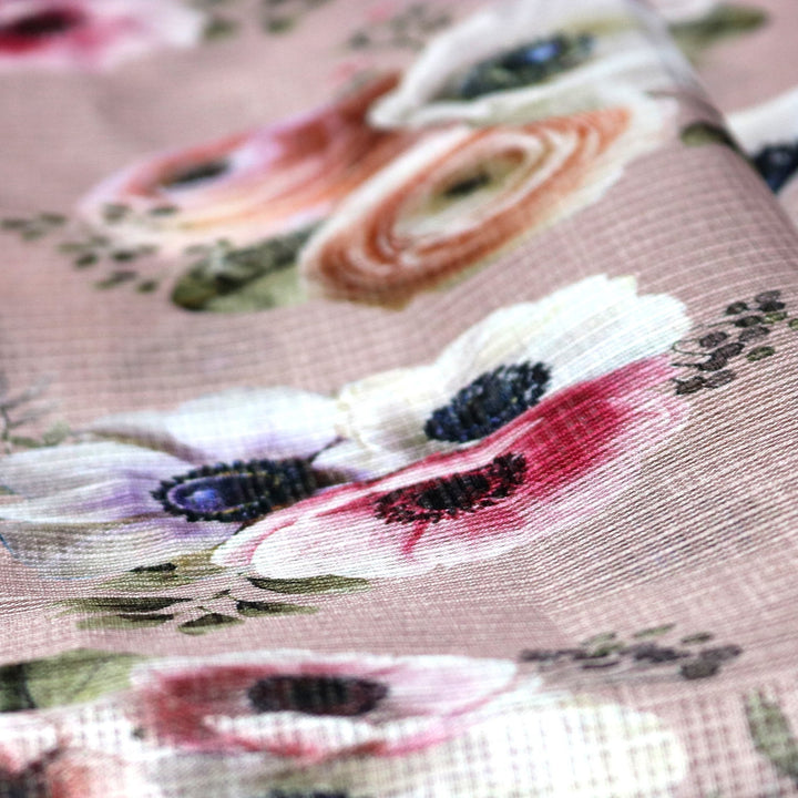 Beautiful Floral Over Brown Digital Printed Kota Doria Fabric - FAB VOGUE Studio®