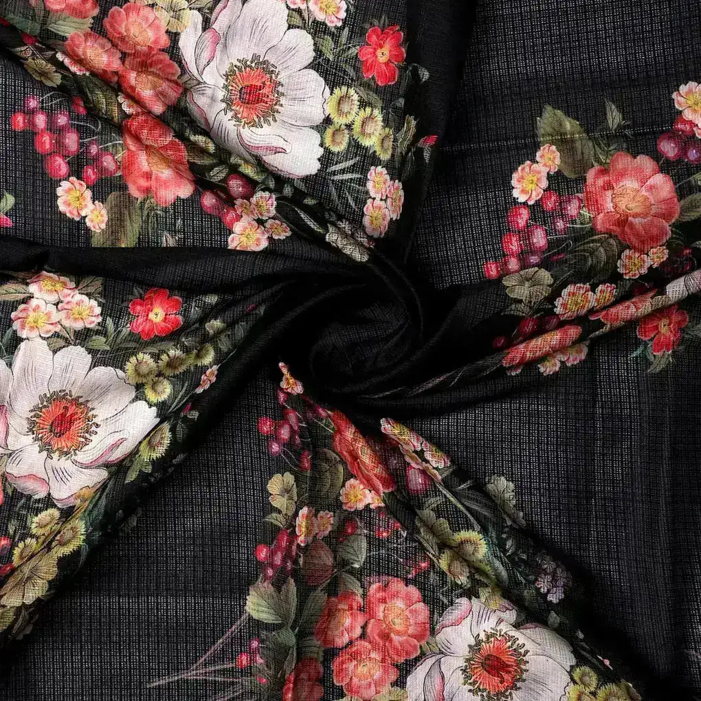 Flowers Laying on Black Base Digital Printed Kota Doria Fabric – kd 0 ta060980 111 flowers laying on black base digital printed kota doria fabric 1