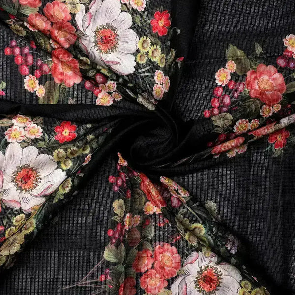 Flowers Laying on Black Base Digital Printed Kota Doria Fabric – kd 0 ta060980 111 flowers laying on black base digital printed kota doria fabric 1