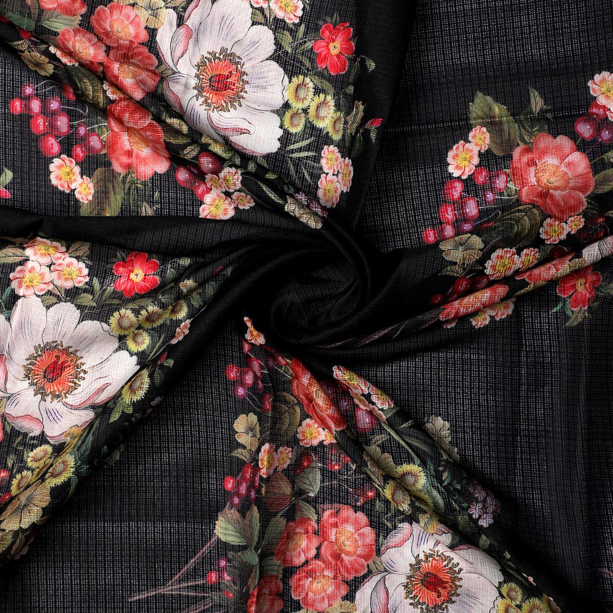 Flowers Laying on Black Base Digital Printed Kota Doria Fabric - FAB VOGUE Studio®
