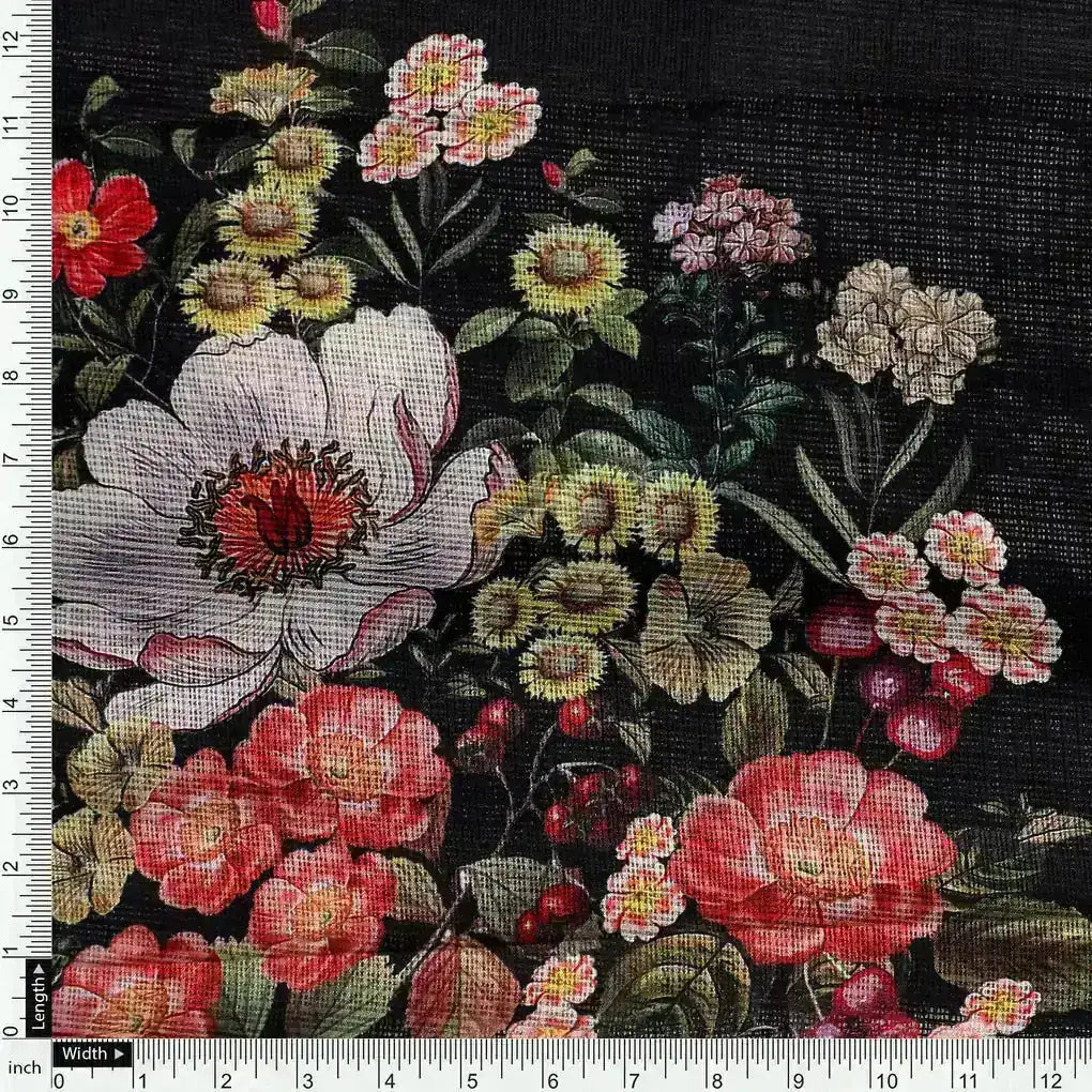 Flowers Laying on Black Base Digital Printed Kota Doria Fabric – kd 0 ta060980 111 flowers laying on black base digital printed kota doria fabric 4