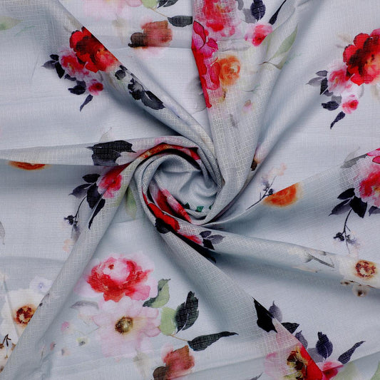 Flowers Layin Over Grey Digital Printed Kota Doria Fabric - FAB VOGUE Studio®