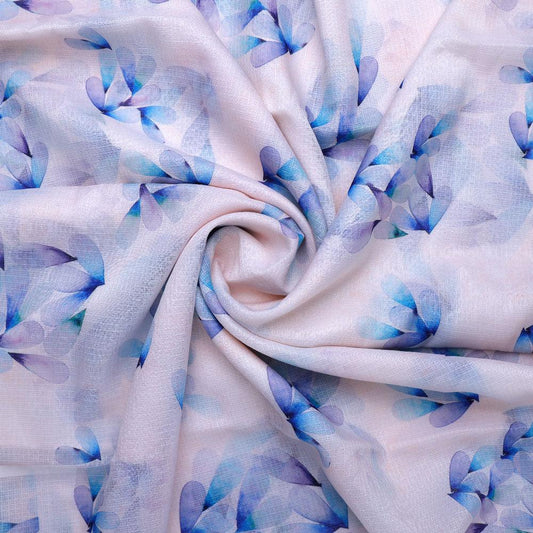 Blue Leaves Laying Over White Digital Printed Kota Doria Fabric - FAB VOGUE Studio®