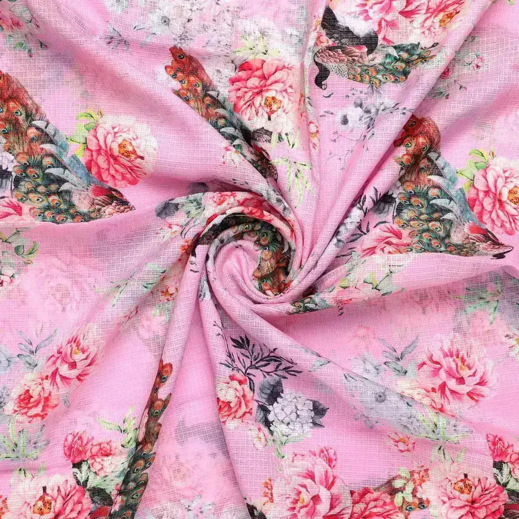 Pink Peacock Floral Digital Printed Kota Doria Fabric – kd 0 ta064064 111 pink peacock floral digital printed kota doria fabric 1