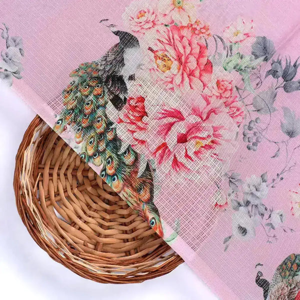 Pink Peacock Floral Digital Printed Kota Doria Fabric – kd 0 ta064064 111 pink peacock floral digital printed kota doria fabric 2 - alternate view