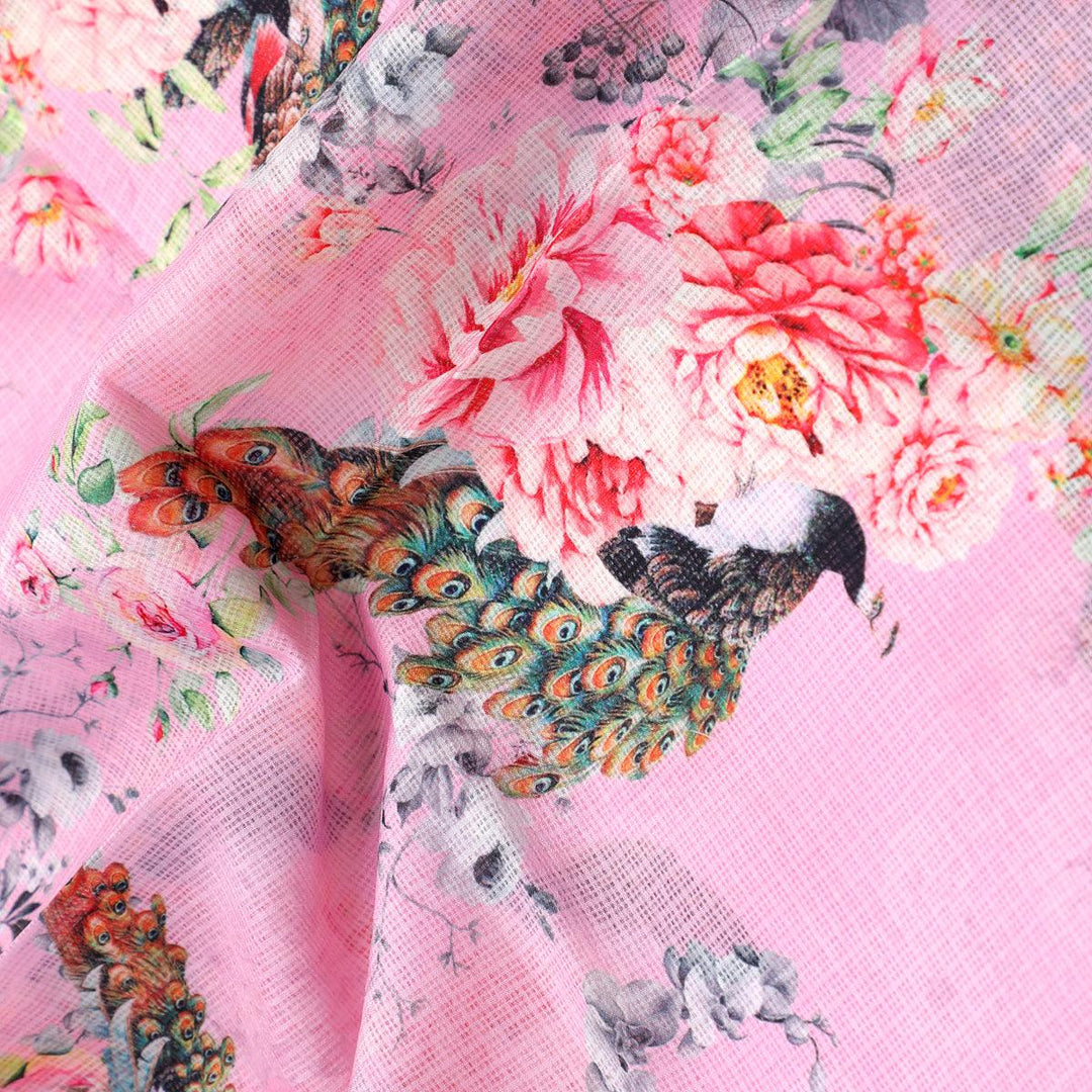 Pink Peacock Floral Digital Printed Kota Doria Fabric - FAB VOGUE Studio®