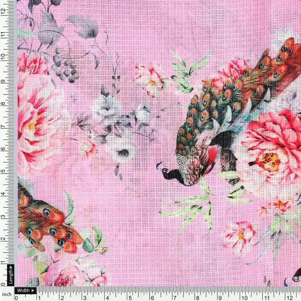 Pink Peacock Floral Digital Printed Kota Doria Fabric – kd 0 ta064064 111 pink peacock floral digital printed kota doria fabric 4
