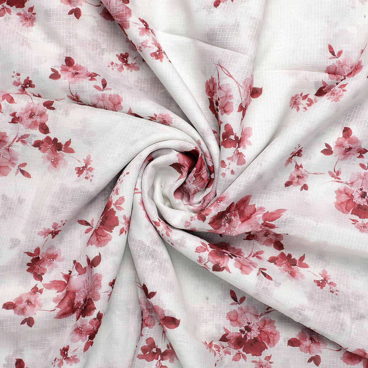 Maroon Flower Bunch Digital Printed Fabric - Kota Doria - FAB VOGUE Studio®