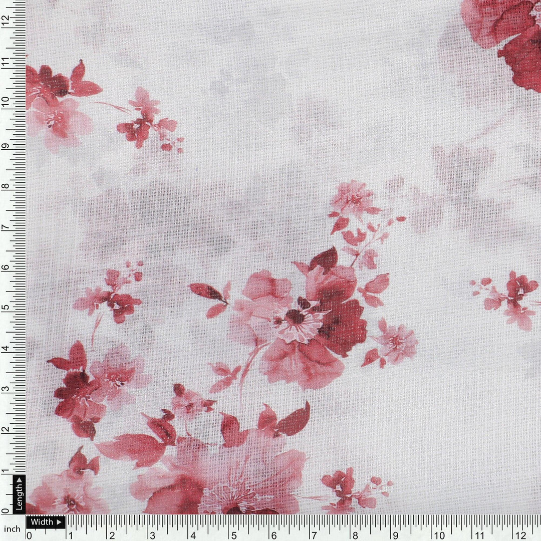 Maroon Flower Bunch Digital Printed Fabric - Kota Doria - FAB VOGUE Studio®