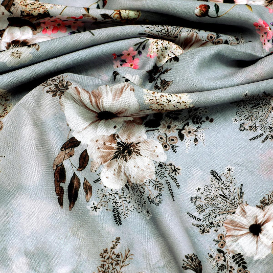 Grey Flower Digital Printed Kora Silk Fabric - FAB VOGUE Studio®