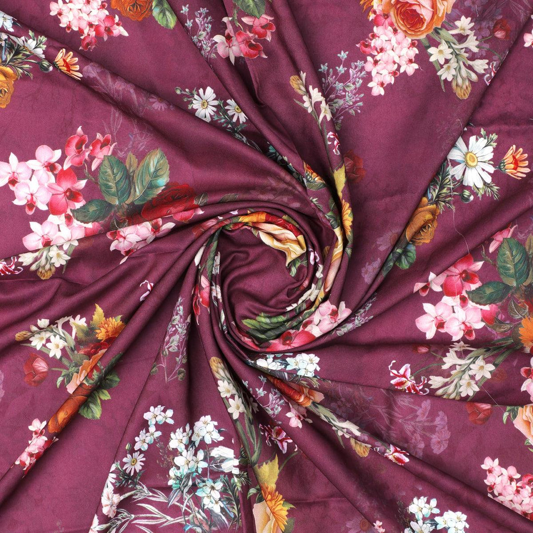 Purple Flower Digital Printed Kora Silk Fabric - FAB VOGUE Studio®