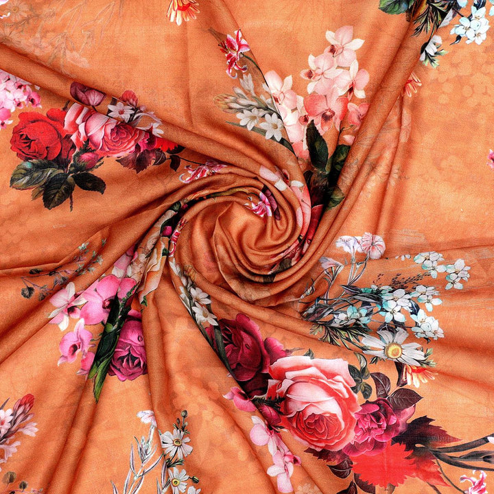 Yellow Flower Digital Printed Kora Silk Fabric - FAB VOGUE Studio®
