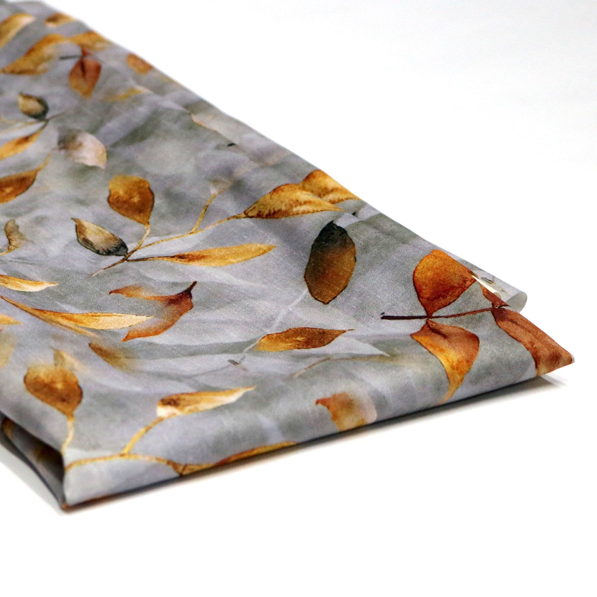 Grey & Golden Leaves Digital Printed Kora Silk Fabric - FAB VOGUE Studio®