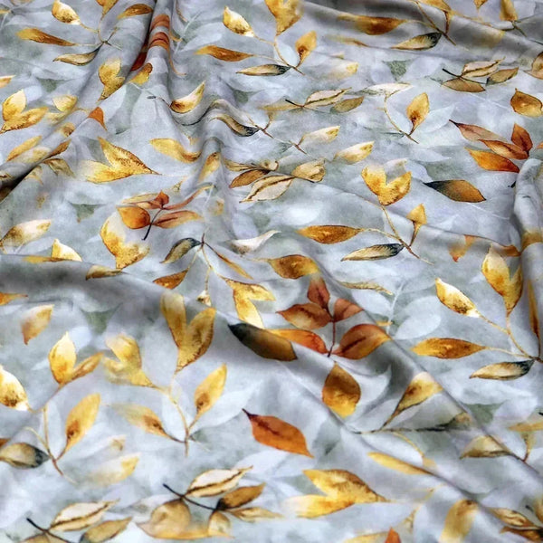 Grey & Golden Leaves Digital Printed Kora Silk Fabric – ks 0 0ta061821 111 grey and golden leaves digital printed kora silk fabric 2 - alternate view