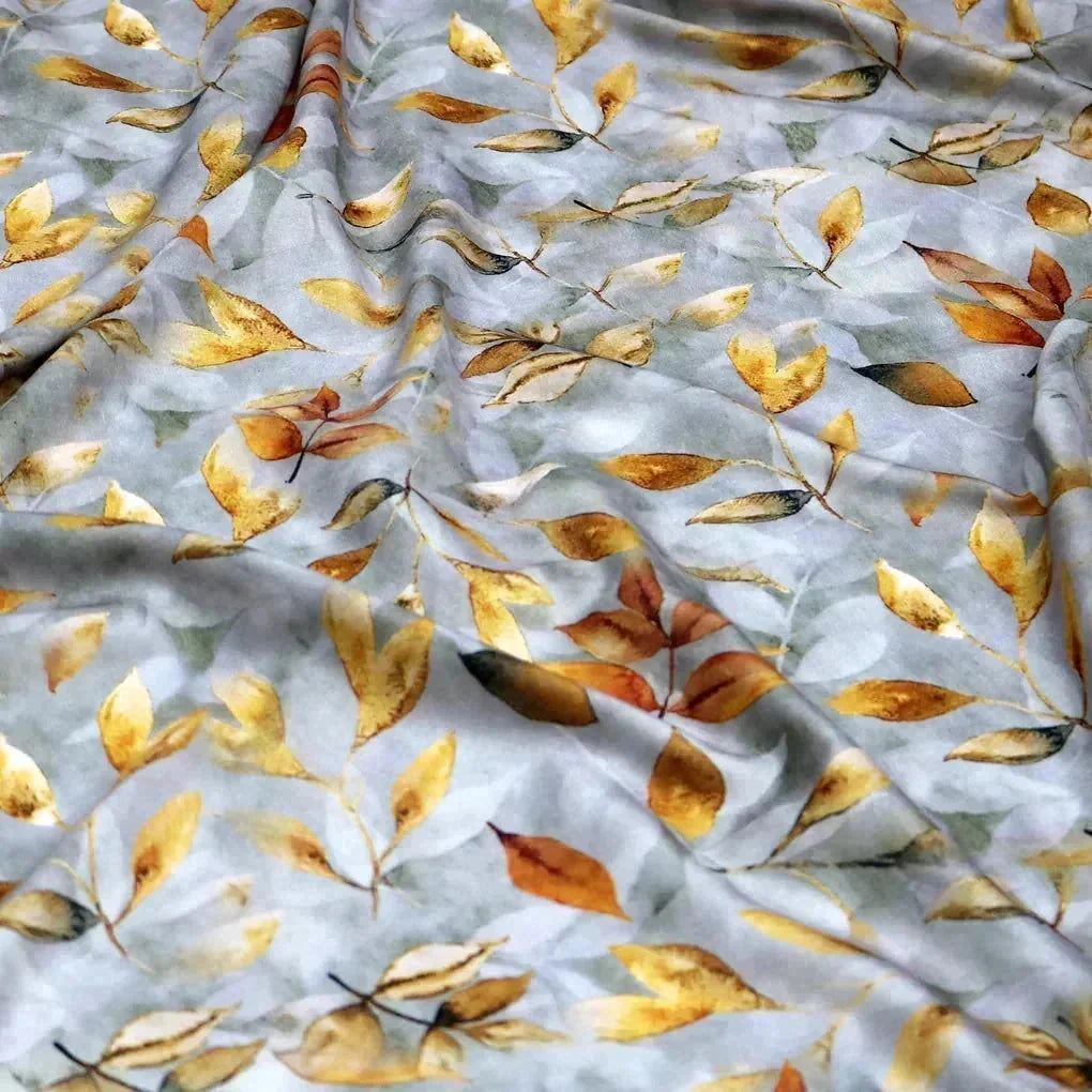 Grey & Golden Leaves Digital Printed Kora Silk Fabric – ks 0 0ta061821 111 grey and golden leaves digital printed kora silk fabric 2