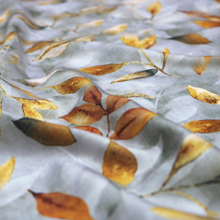 Grey & Golden Leaves Digital Printed Kora Silk Fabric - FAB VOGUE Studio®