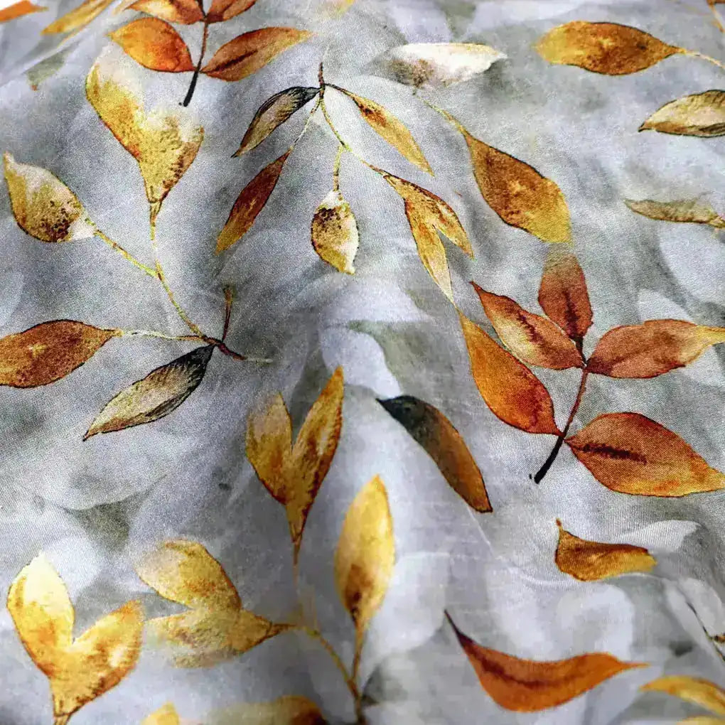 Grey & Golden Leaves Digital Printed Kora Silk Fabric – ks 0 0ta061821 111 grey and golden leaves digital printed kora silk fabric 4