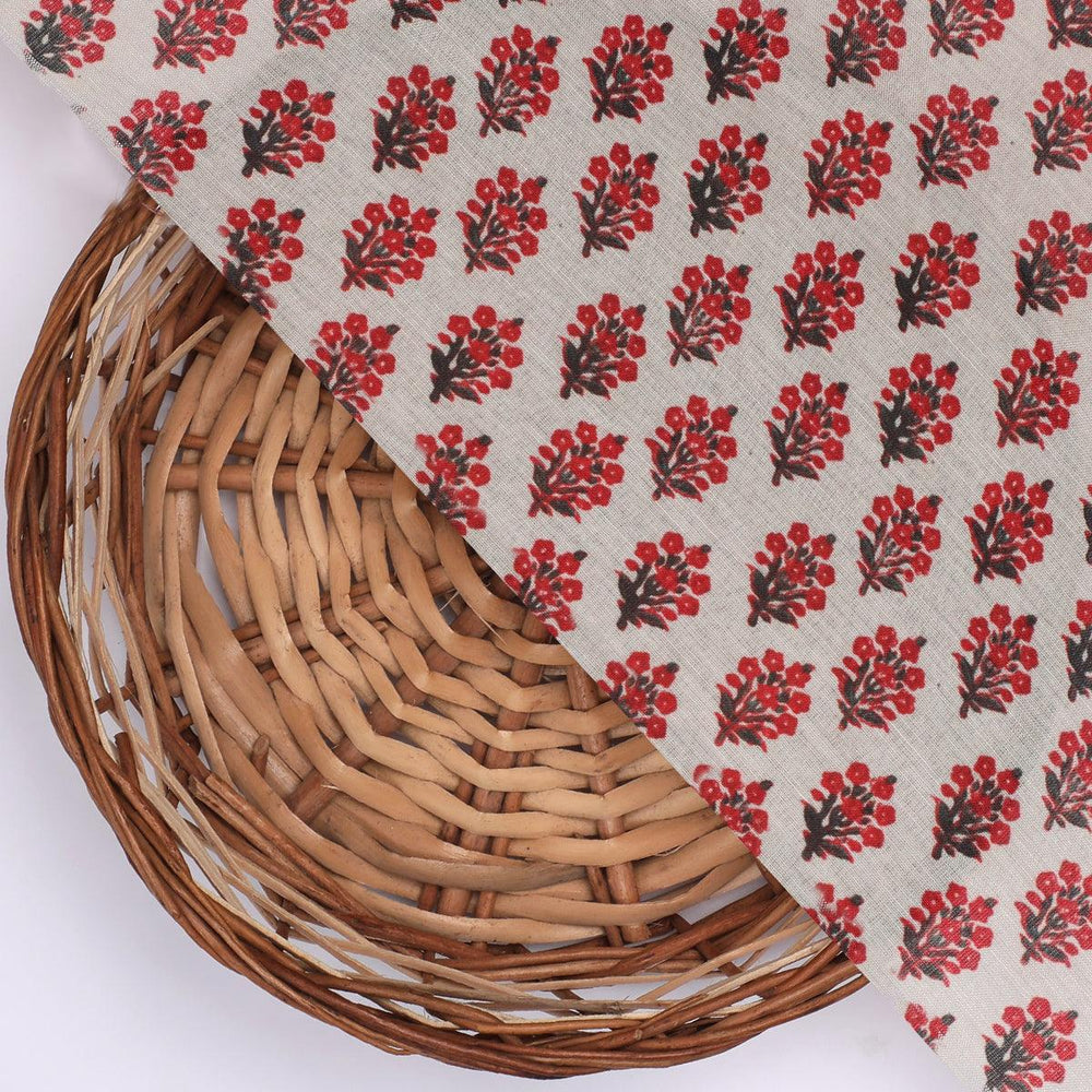Red Flower Motif Block Digital Printed Fabric - Kora Silk - FAB VOGUE Studio®