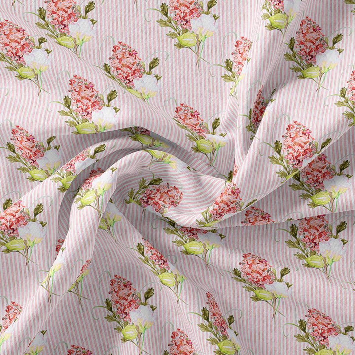 Pink Flower Pack With Stripes Digital Printed Fabric - Kora Silk - FAB VOGUE Studio®