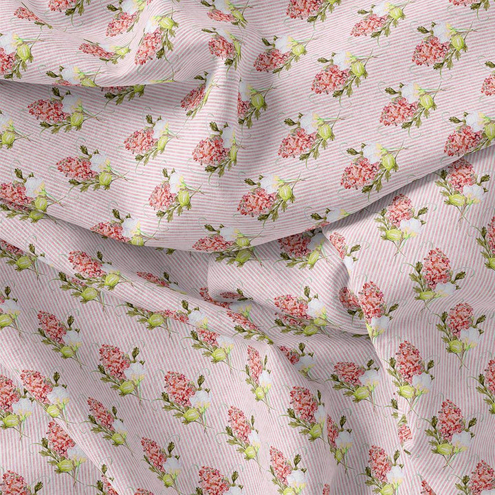 Pink Flower Pack With Stripes Digital Printed Fabric - Kora Silk - FAB VOGUE Studio®
