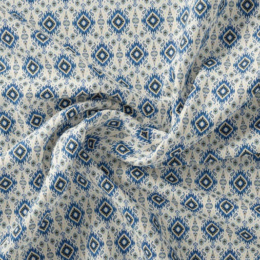 Tiny Blue Medallion Motif Digital Printed Fabric - Kora Silk - FAB VOGUE Studio®
