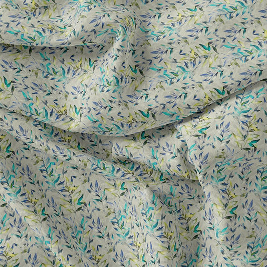 Green And Bluish Leaves Motif Digital Printed Fabric - Kora Silk - FAB VOGUE Studio®