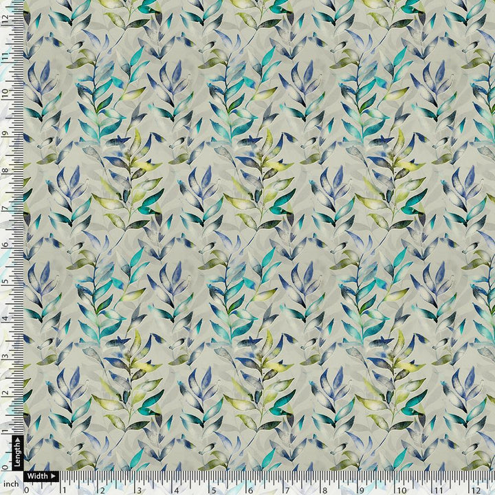 Green And Bluish Leaves Motif Digital Printed Fabric - Kora Silk - FAB VOGUE Studio®