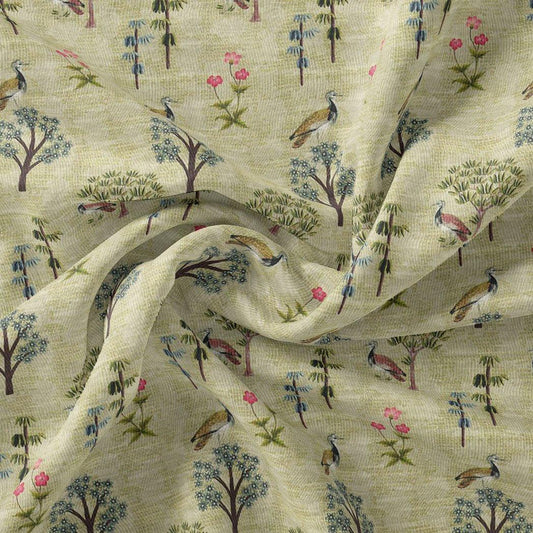 Pista Chinoiserie With Birds Digital Printed Fabric - Kora Silk - FAB VOGUE Studio®