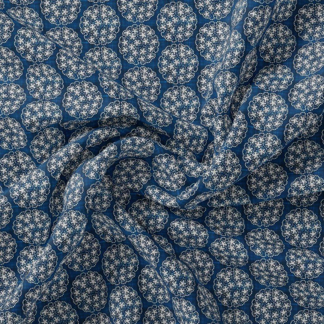 New Multi Round Star Blue Digital Printed Fabric - Kora Silk - FAB VOGUE Studio®