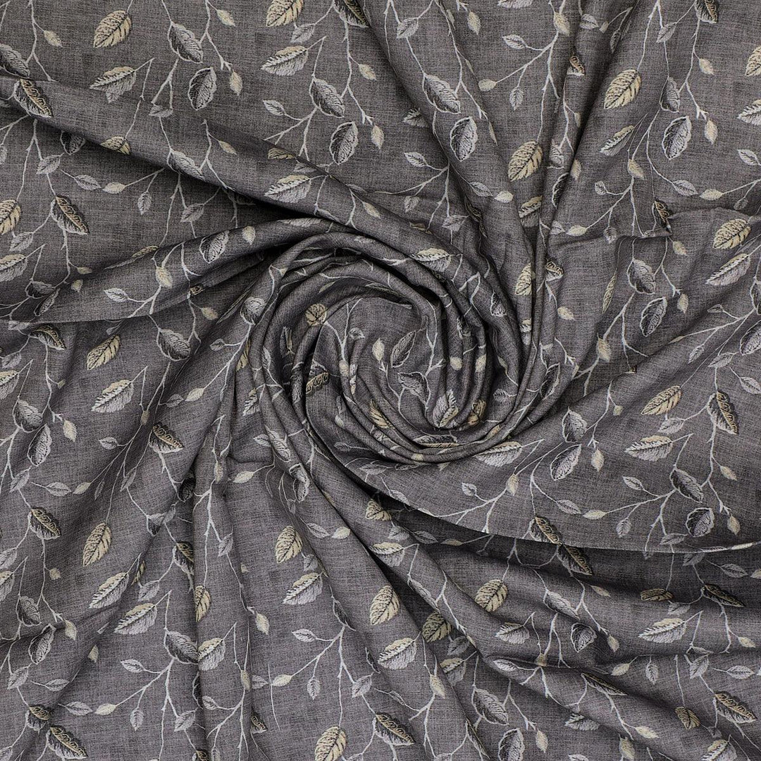 Brown Leaves With Stalk Digital Printed Fabric - Kora Silk - FAB VOGUE Studio®
