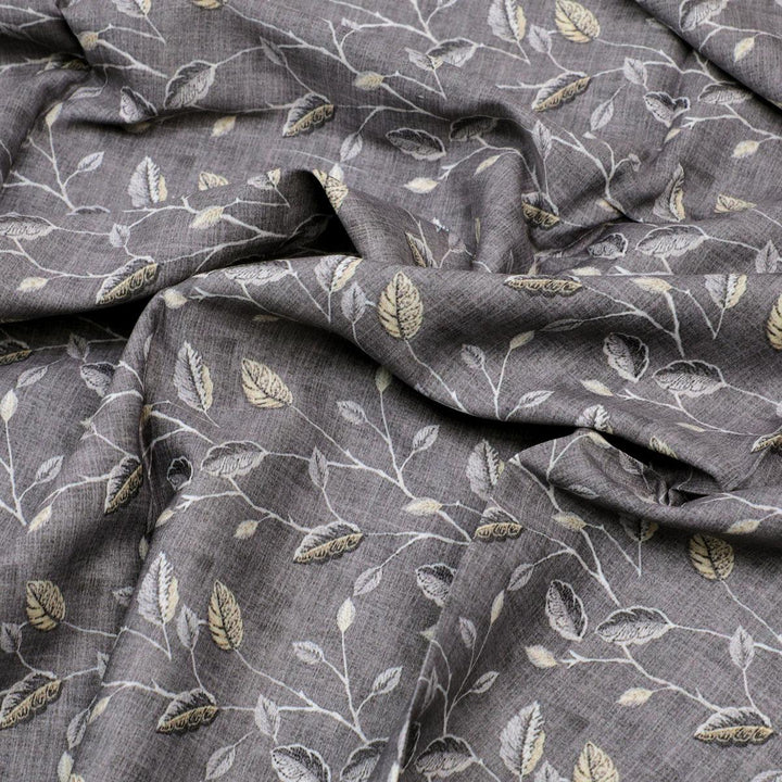Brown Leaves With Stalk Digital Printed Fabric - Kora Silk - FAB VOGUE Studio®