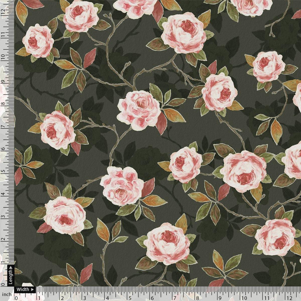 Ditsy Pink Rose With Green Leaves Digital Printed Fabric - Kora Silk - FAB VOGUE Studio®