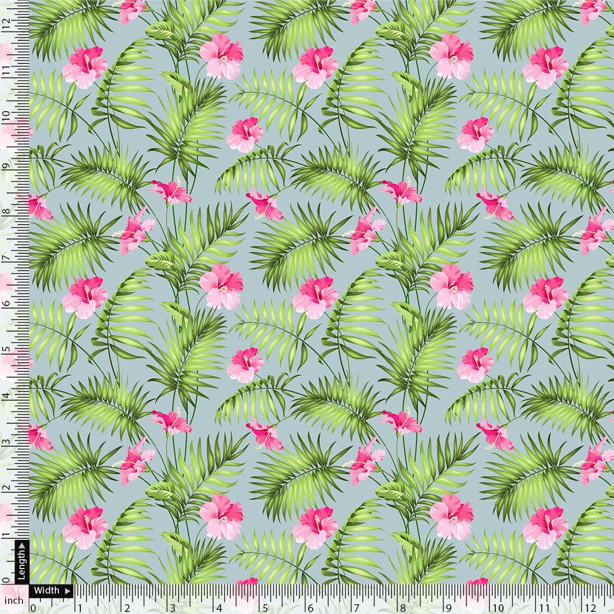 Tropical Leaves Pink Hibiscus Flower Digital Printed Fabric - Kora Silk - FAB VOGUE Studio®