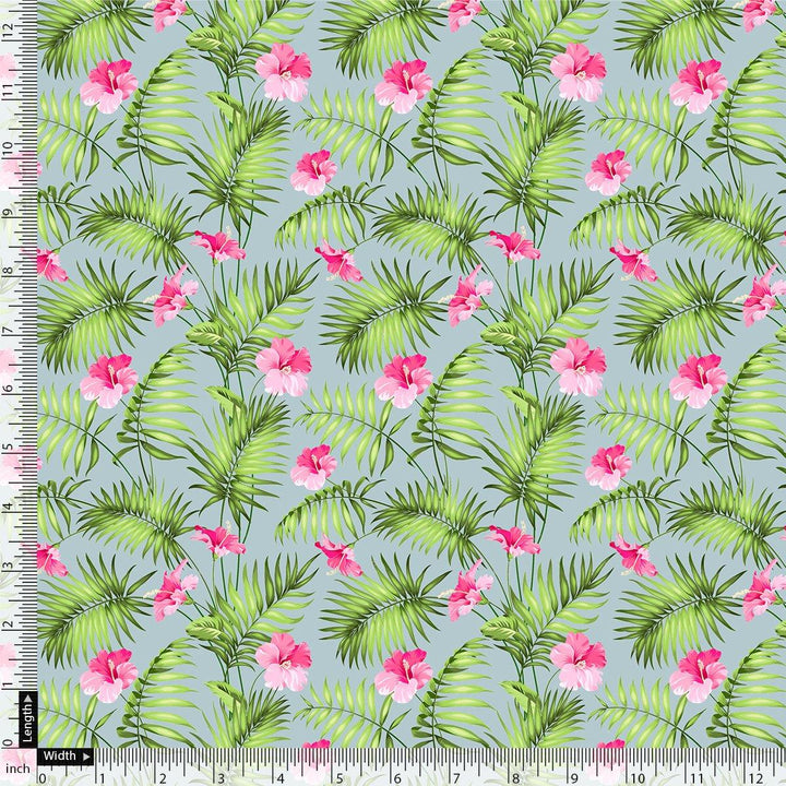 Tropical Leaves Pink Hibiscus Flower Digital Printed Fabric - Kora Silk - FAB VOGUE Studio®