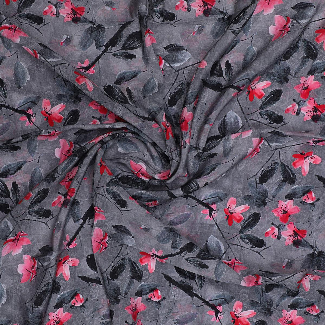 Rustic Looked Pink Flower Digital Printed Fabric - Kora Silk - FAB VOGUE Studio®