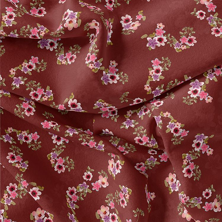 Floating Flowers With Marron Red Digital Printed Fabric - Kora Silk - FAB VOGUE Studio®