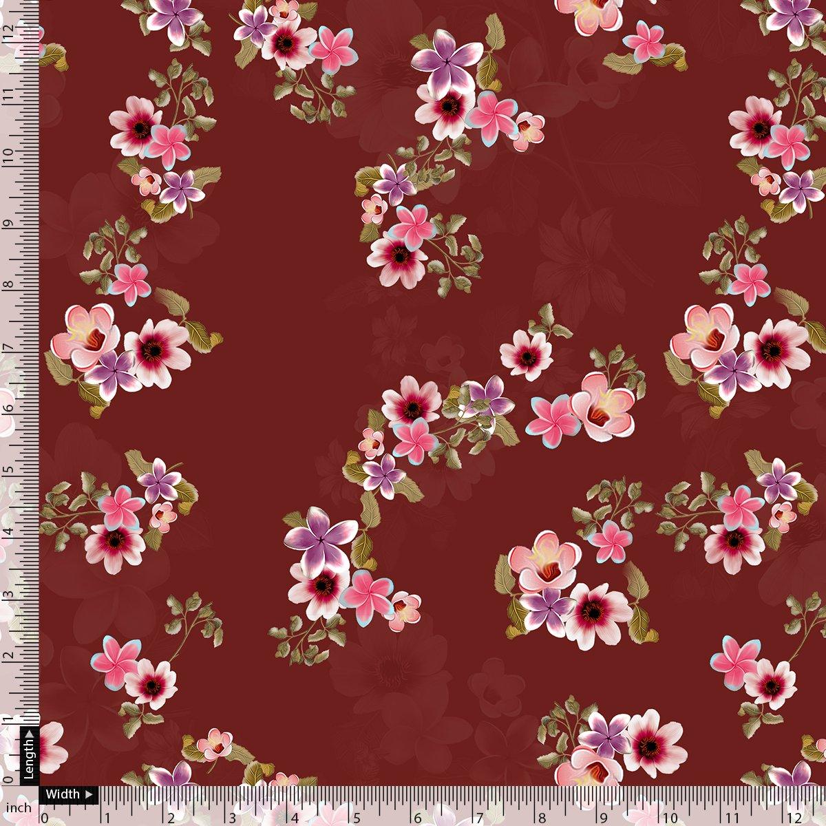 Floating Flowers With Marron Red Digital Printed Fabric - Kora Silk - FAB VOGUE Studio®