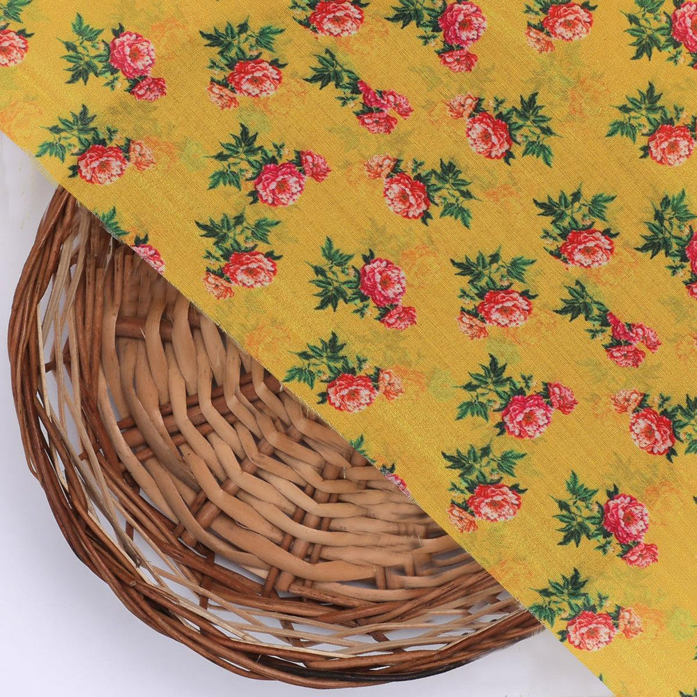 Pink Tiny Flower With Yellow Digital Printed Fabric - Kora Silk - FAB VOGUE Studio®