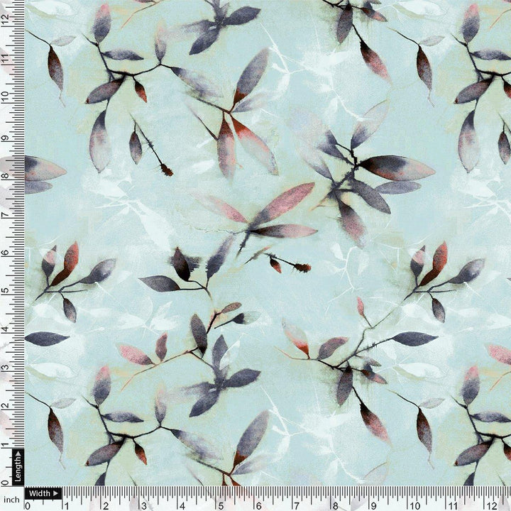 Bluish Thin And Light Leaves Digital Printed Fabric - Kora Silk - FAB VOGUE Studio®