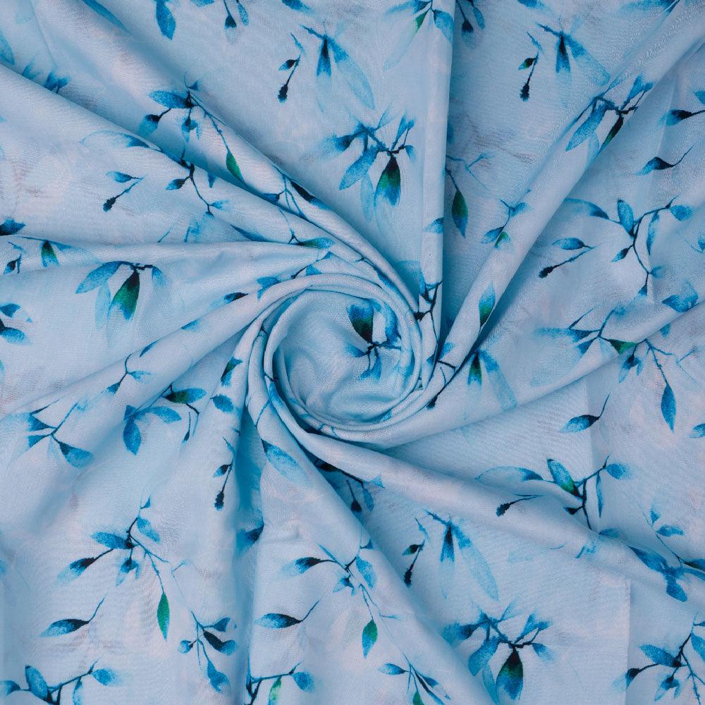 Attractive Sky Blue Leaves Digital Printed Fabric - Kora Silk - FAB VOGUE Studio®