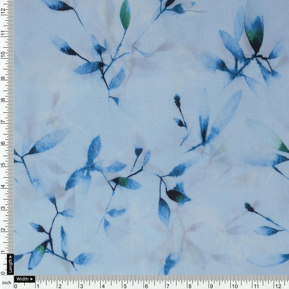 Attractive Sky Blue Leaves Digital Printed Fabric - Kora Silk - FAB VOGUE Studio®